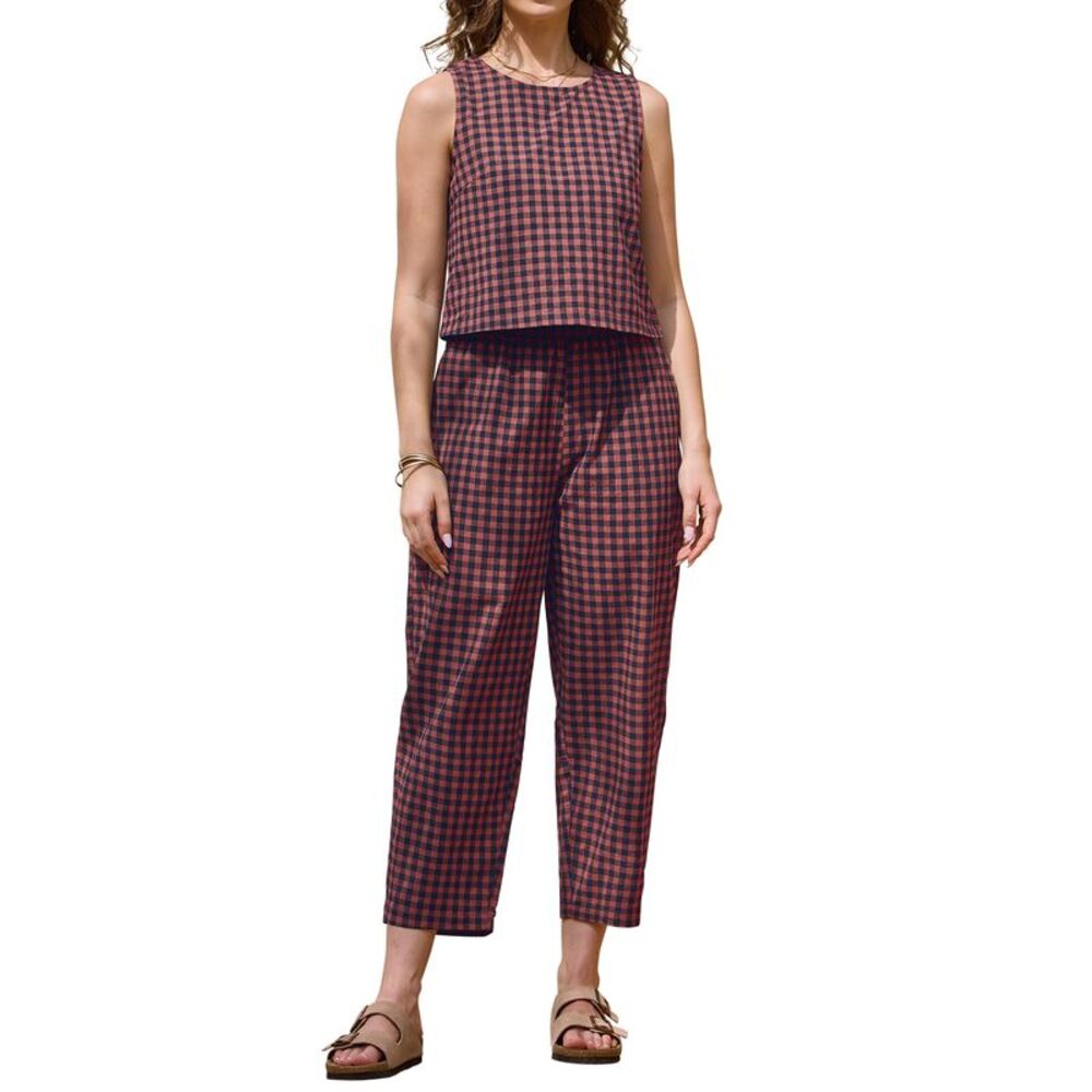 Women Gingham Sleeveless Crop Top and Wide Leg Pants Set Rust